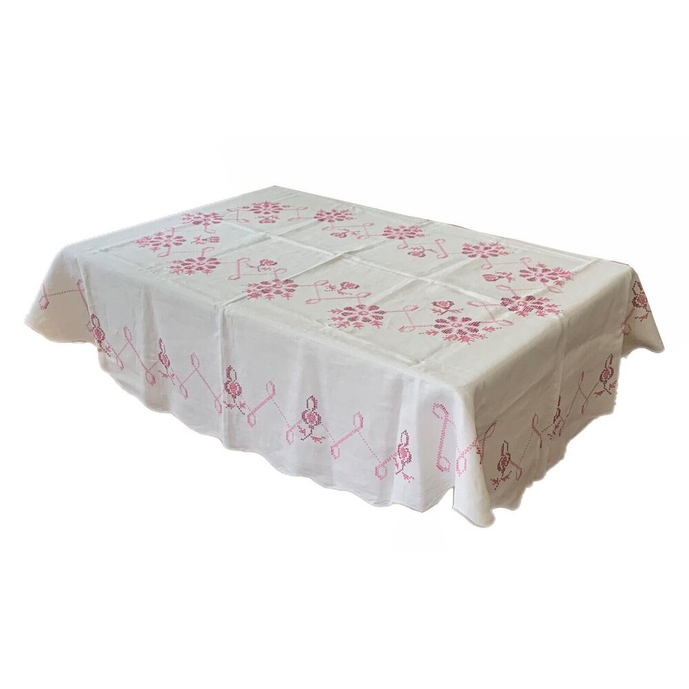 Embroidered Cross Stitch Linen Oval Tablecloth 52x74 Vintage Cottage Core Shabby